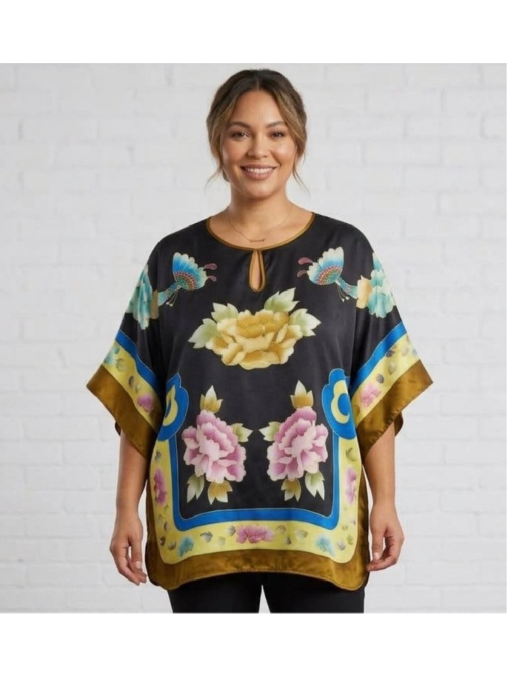 Women’s Chinese Silk Blouse Top Floral Dolman Sleeve Kimono Style Black size XL